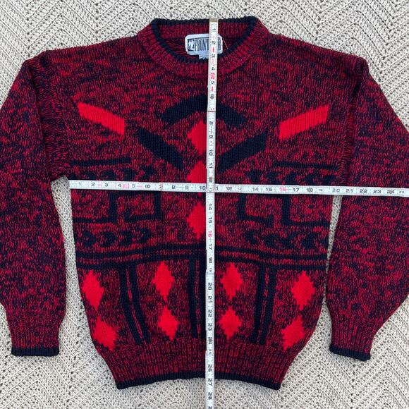 Vintage 90s Red Black Diamond Grandpa Sweater Front Line - Size Medium - Picture 3 of 4